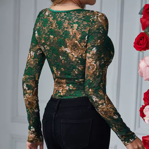 Mature Style Long Sleeve V-neck Floral Bodysuits - Image 4