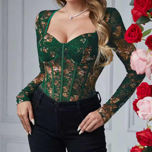 Mature Style Long Sleeve V-neck Floral Bodysuits - Image 3