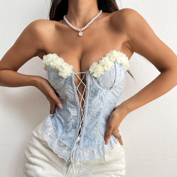 Bustier Lace Up Embroidery Strapless Corset Top