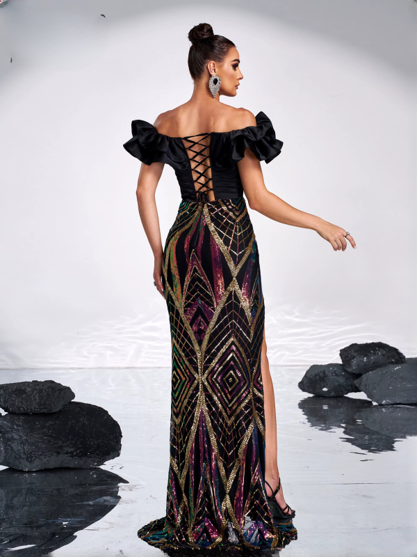 Elegant Off Shoulder Panel Geometric Sequin Split Wedding Birthday Vestidos Dresses - Image 5