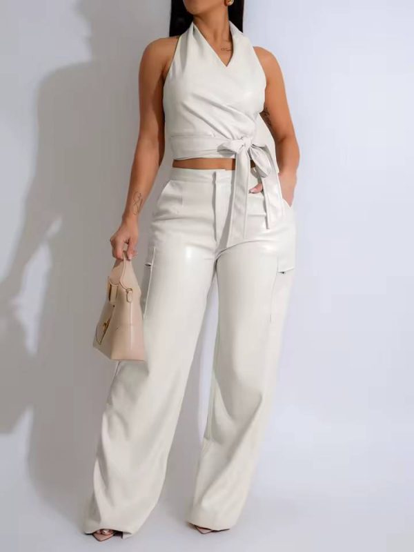 Leather Halter Bandage Crop Tops and Wide Leg Pants 2 Pieces Set - Image 3