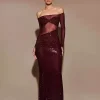 Asymmetrical Cut Off-Shoulder Long Sleeve Bodycon Long Dress
