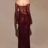 Asymmetrical Cut Off-Shoulder Long Sleeve Bodycon Long Dress - Image 2