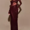 Asymmetrical Cut Off-Shoulder Long Sleeve Bodycon Long Dress - Image 4