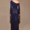 Asymmetrical Cut Off-Shoulder Long Sleeve Bodycon Long Dress - Image 6