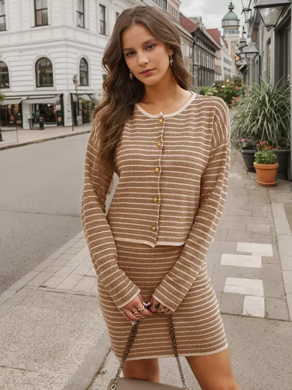 Casual Crew Neck Cardigan And Midi Skirt Striped Knitted Two Piece Set