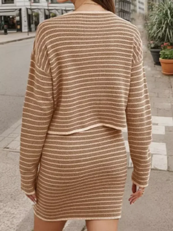 Casual Crew Neck Cardigan And Midi Skirt Striped Knitted Two Piece Set - Image 2