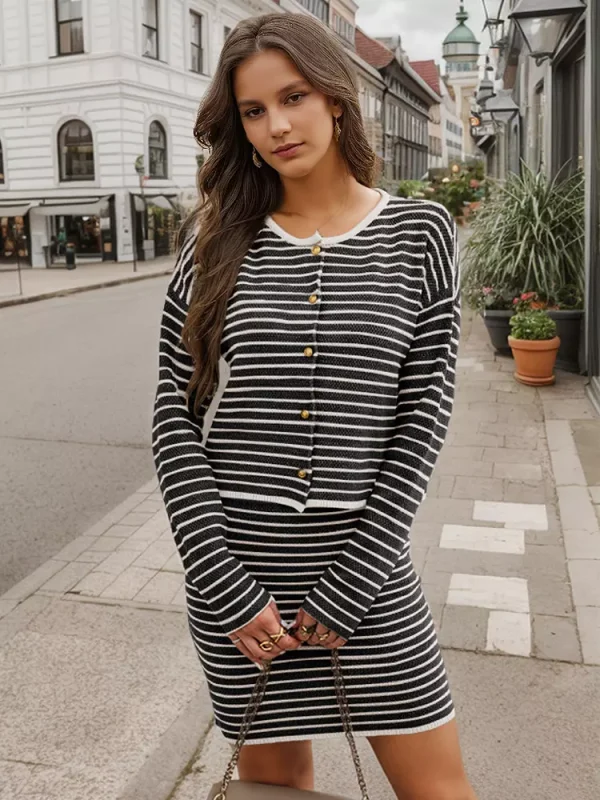 Casual Crew Neck Cardigan And Midi Skirt Striped Knitted Two Piece Set - Image 3