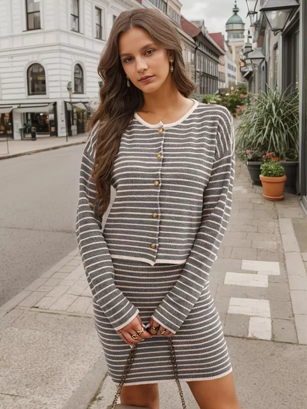 Casual Crew Neck Cardigan And Midi Skirt Striped Knitted Two Piece Set - Image 4