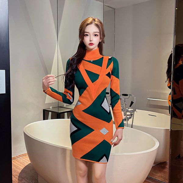 Casual Geometric Pattern Knitted Mid-Length Sweater Dress - Image 16