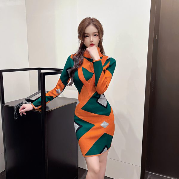 Casual Geometric Pattern Knitted Mid-Length Sweater Dress - Image 10