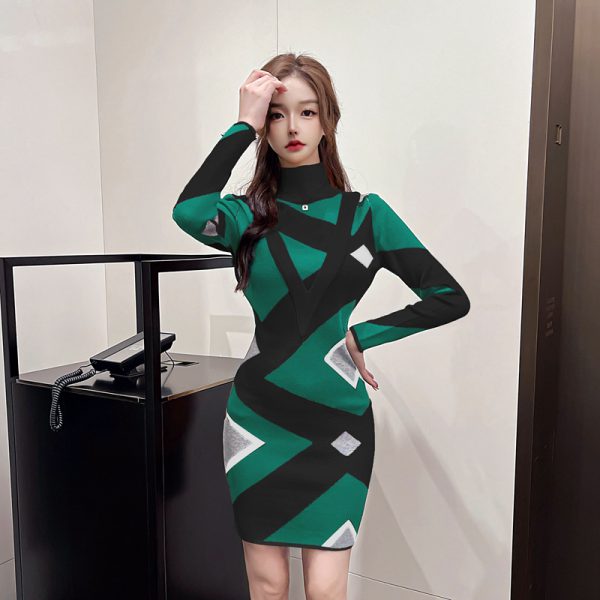 Casual Geometric Pattern Knitted Mid-Length Sweater Dress - Image 7