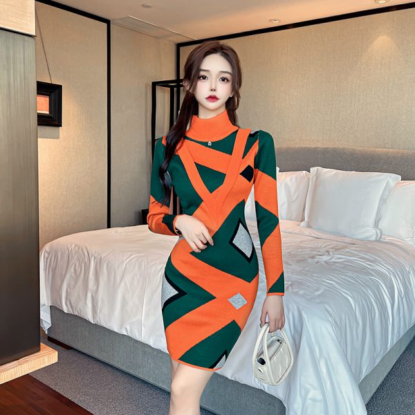 Casual Geometric Pattern Knitted Mid-Length Sweater Dress - Image 13