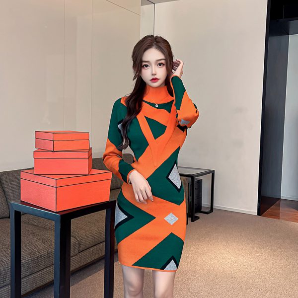 Casual Geometric Pattern Knitted Mid-Length Sweater Dress - Image 11