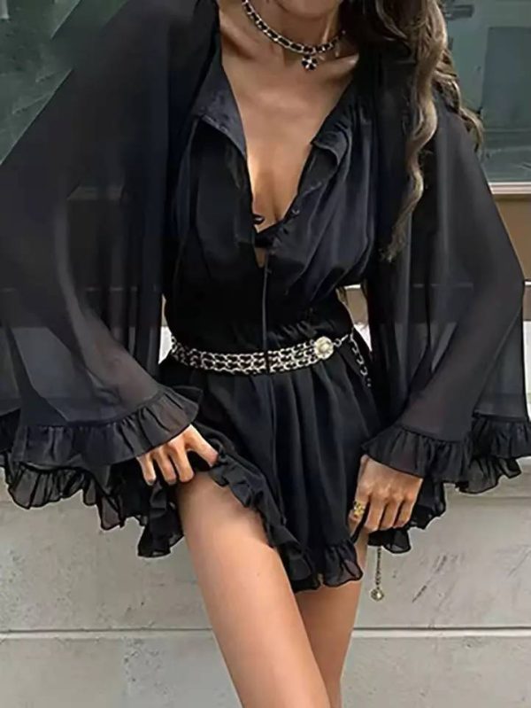 Casual Long Sleeve Button Ruffled High Waisted Pleated Mini Dress - Image 5