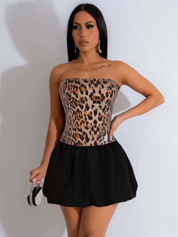 Casual Off Shoulder Leopard Print Sequins Patchwork A-line Mini Dress