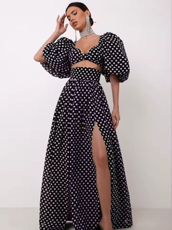 Casual Polka Dots Printed Suit Cropped Square Neck Top Slit High Waist Skirt