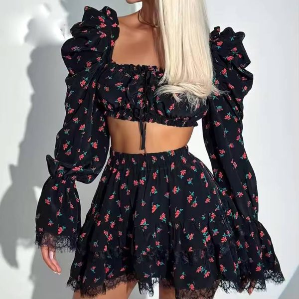 Casual Print Square Neck Lace-Up Crop Tops And Pleated Lace Skirts 2 Piece Set - Image 4