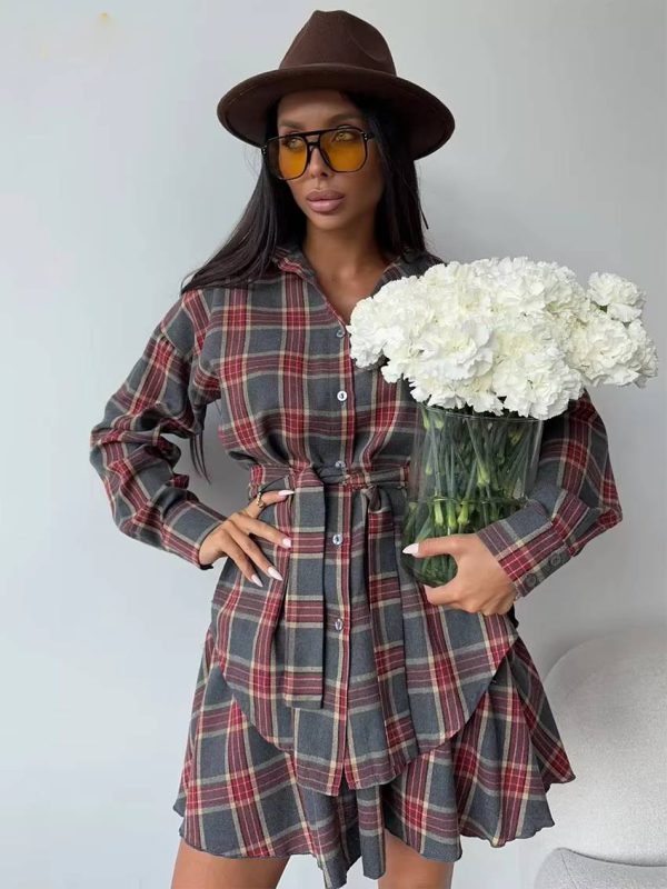 Casual Shirt With High Waist Mini Skirt Loose Plaid 2 Piece Sets - Image 6