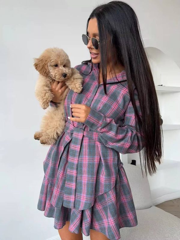 Casual Shirt With High Waist Mini Skirt Loose Plaid 2 Piece Sets - Image 2