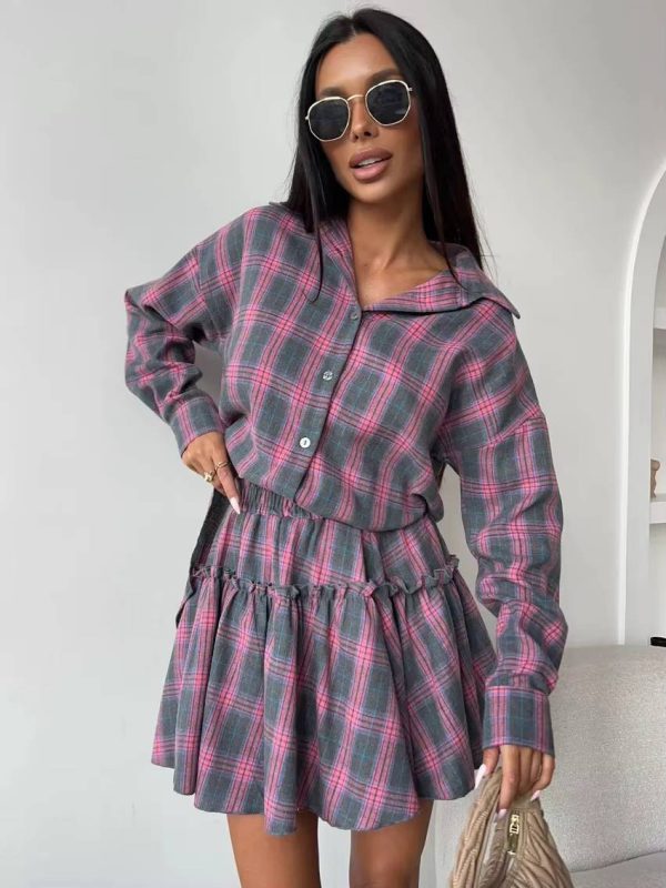 Casual Shirt With High Waist Mini Skirt Loose Plaid 2 Piece Sets - Image 4