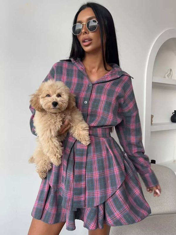 Casual Shirt With High Waist Mini Skirt Loose Plaid 2 Piece Sets