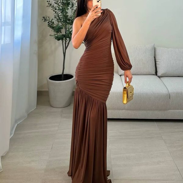 Casual Slanted Shoulders Long Sleeves Sheath Chiffon Party Maxi Dress