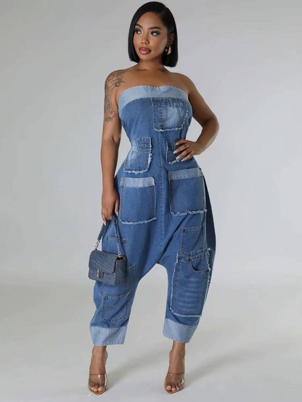 Casual Off Shoulder High Waist With Pockets Strapless Jumpsuits - Image 2