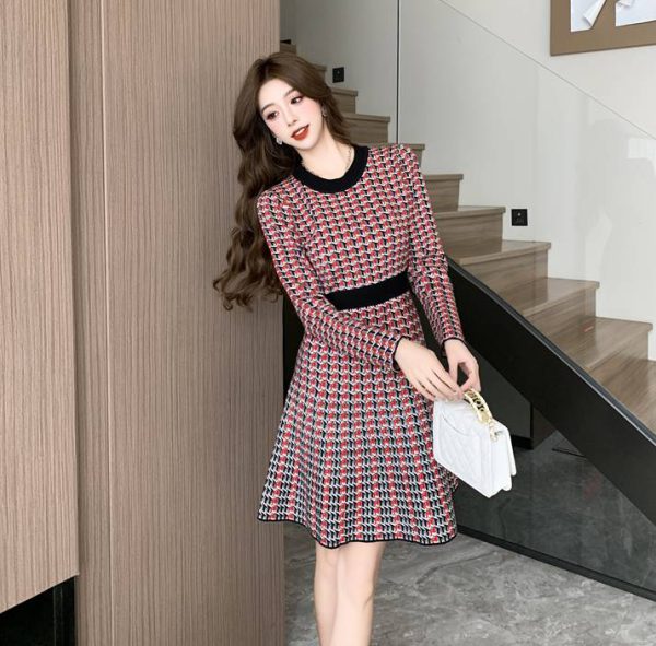 Chic Bird Check Waist Slimming Knitted Sweater Dress - Image 6