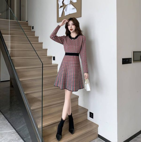 Chic Bird Check Waist Slimming Knitted Sweater Dress - Image 5