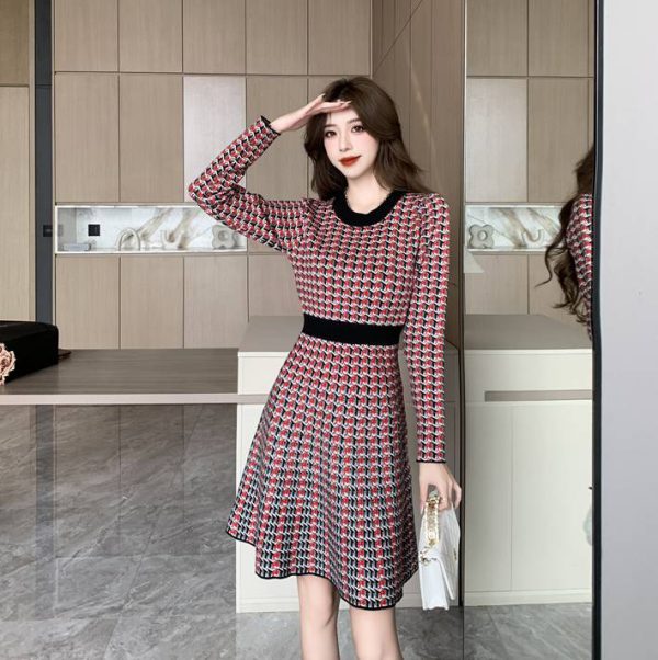 Chic Bird Check Waist Slimming Knitted Sweater Dress - Image 8