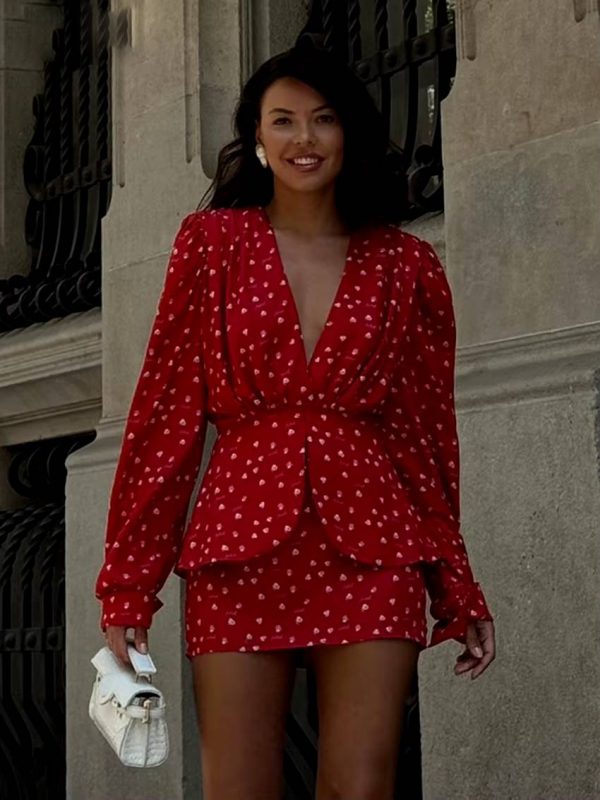 Classic High Waist Deep V-Neck Long Sleeve Slim Print Mini Dress - Image 3