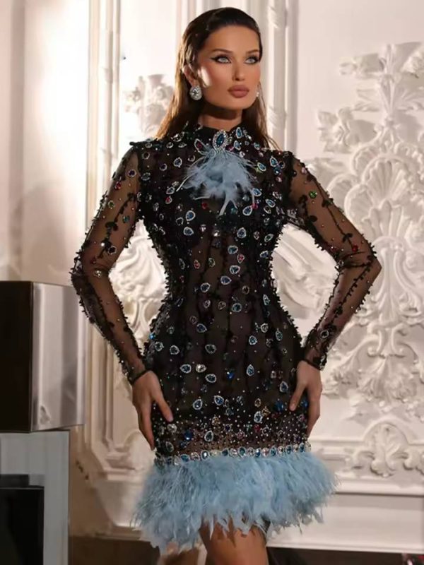 Diamonds Patchwork Feathers High Neck Rhinestones Long Sleeves Mini Dress