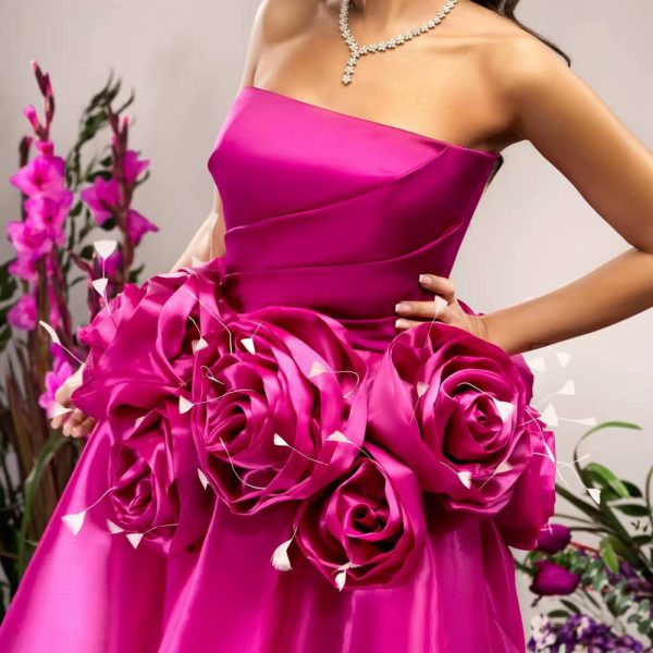 Elegant 3D Flowers Trailing robes Strapless Party Silky Maxi Dress - Image 3