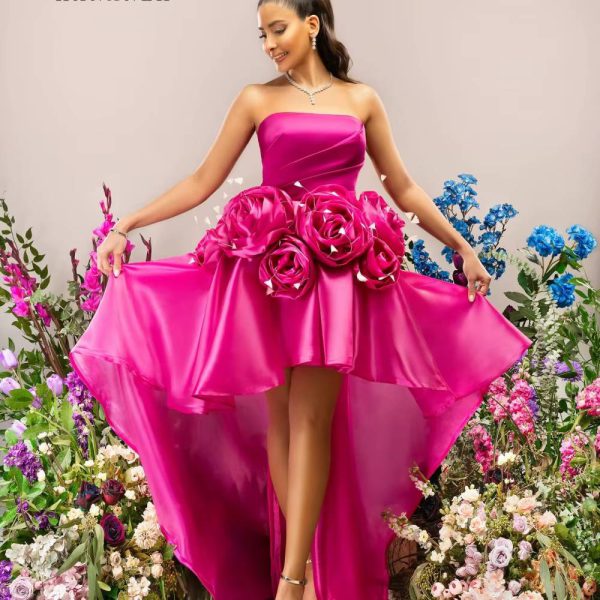 Elegant 3D Flowers Trailing robes Strapless Party Silky Maxi Dress - Image 4