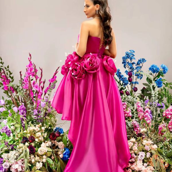 Elegant 3D Flowers Trailing robes Strapless Party Silky Maxi Dress - Image 5