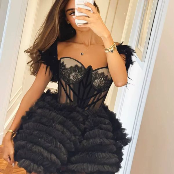 Elegant Acrylic Feathers Spaghetti Strap Lace Mini Ball Gown - Image 3