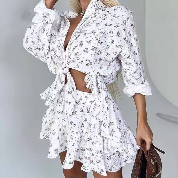 Elegant Button Shirts And Ruffled Skirts Cotton Print 2 Piece Set - Image 3