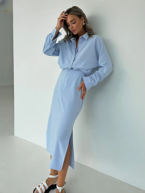 Elegant Cotton Long Sleeve Shirt With High Waist Slit Long Skirt 2 Piece Sets