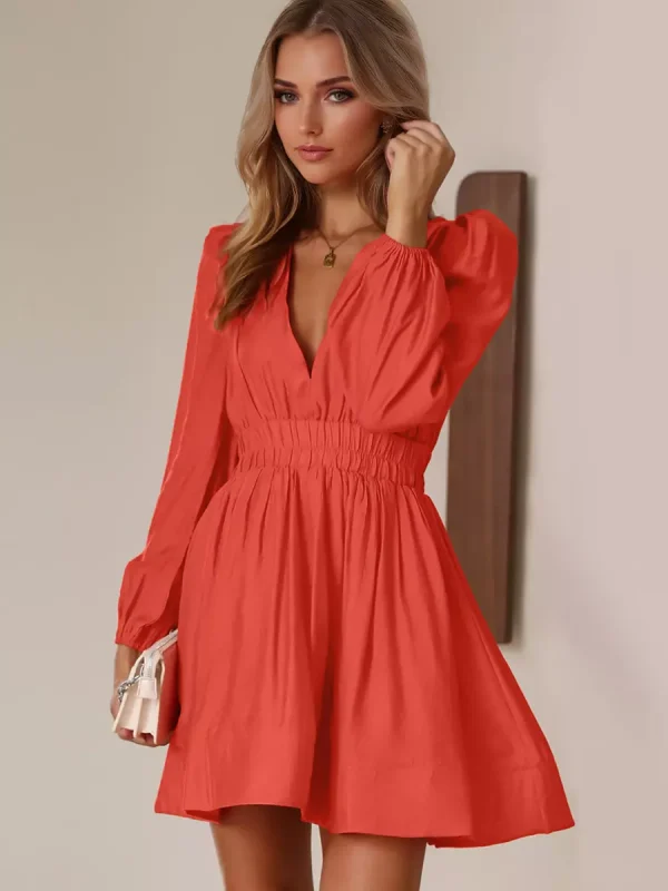 Elegant Lantern Long Sleeves Pleated Waist Flared Skater Mini Dress - Image 8