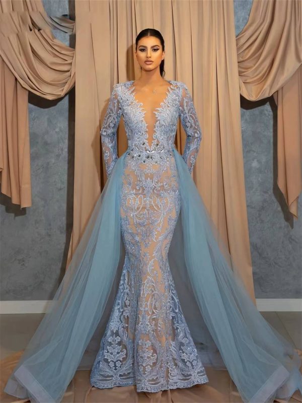 Elegant Full-sleeve Applique Glamorous Floor-Length Gown