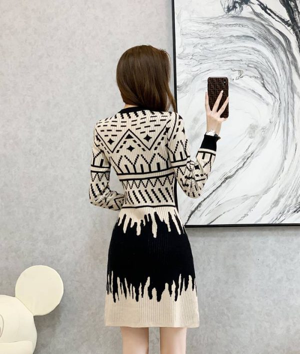 Elegant Geometric Pattern Knitted Slim Fit Sweater Dress - Image 7