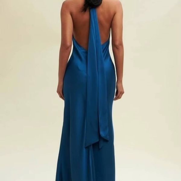 Elegant Halter Neck Satin Mermaid Sleeveless Floor-Length Maxi Dress - Image 3