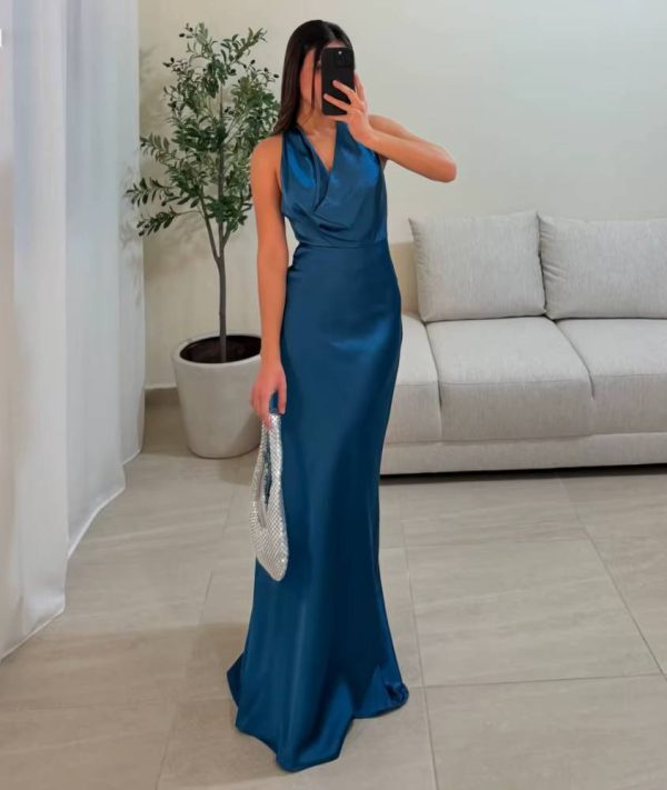 Elegant Halter Neck Satin Mermaid Sleeveless Floor-Length Maxi Dress