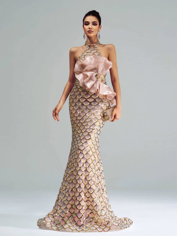 Elegant Halter Sequin Backless Geometric Floor Length Maxi Dress