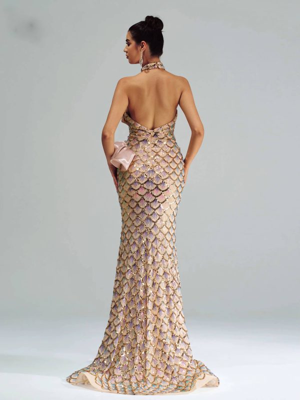 Elegant Halter Sequin Backless Geometric Floor Length Maxi Dress - Image 6