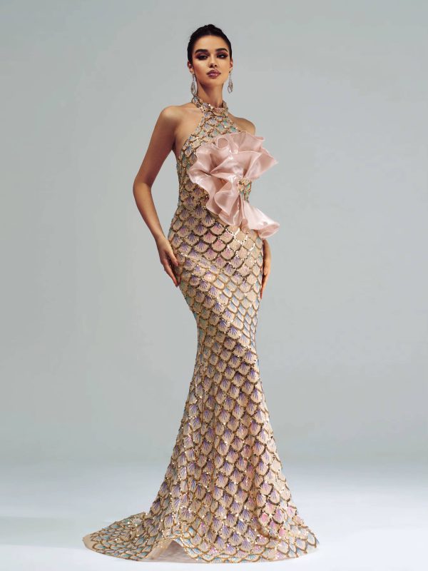 Elegant Halter Sequin Backless Geometric Floor Length Maxi Dress - Image 2