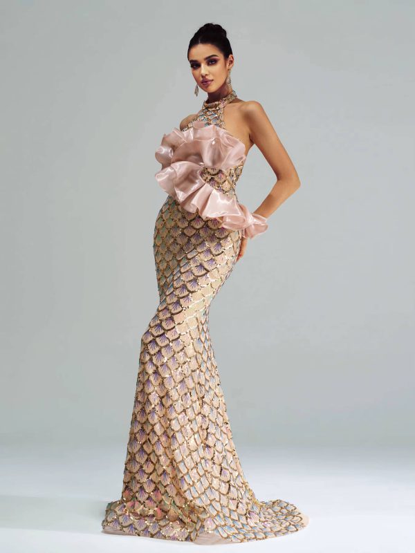 Elegant Halter Sequin Backless Geometric Floor Length Maxi Dress - Image 3