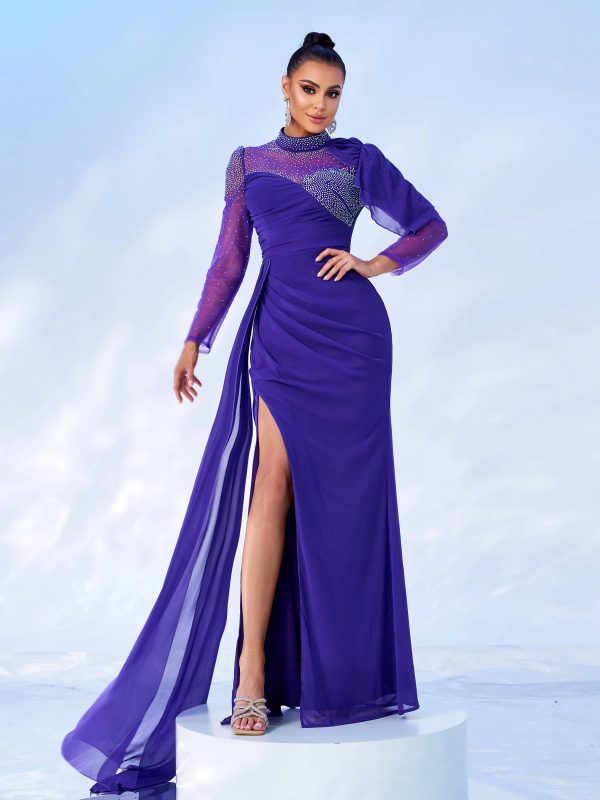 Elegant High Neck Draped Split Birthday Party Maxi Dress