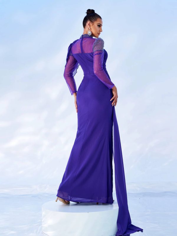 Elegant High Neck Draped Split Birthday Party Maxi Dress - Image 4